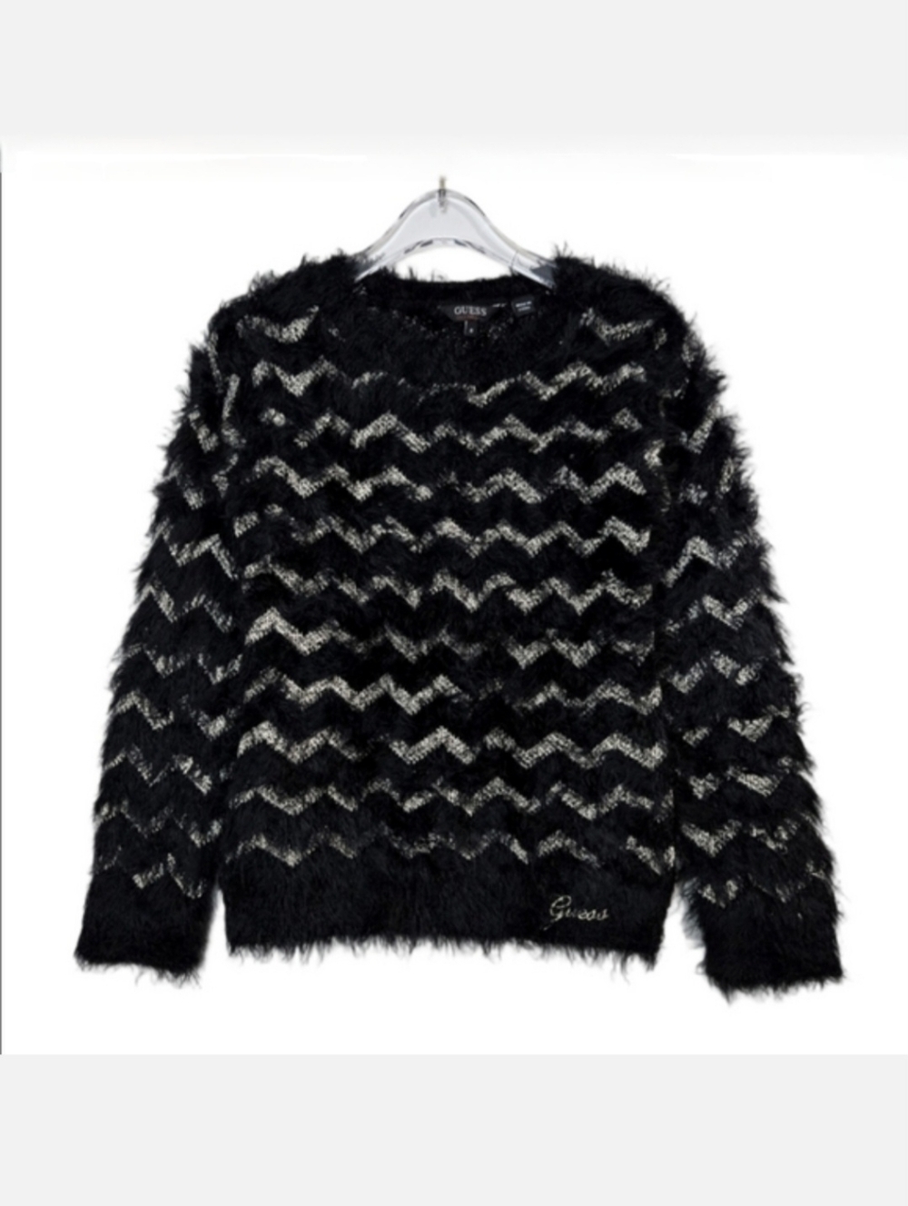 Guess Girls Black & Gold Zigzag Chevron Eyelash Sweater, Size 6 ~ EUC